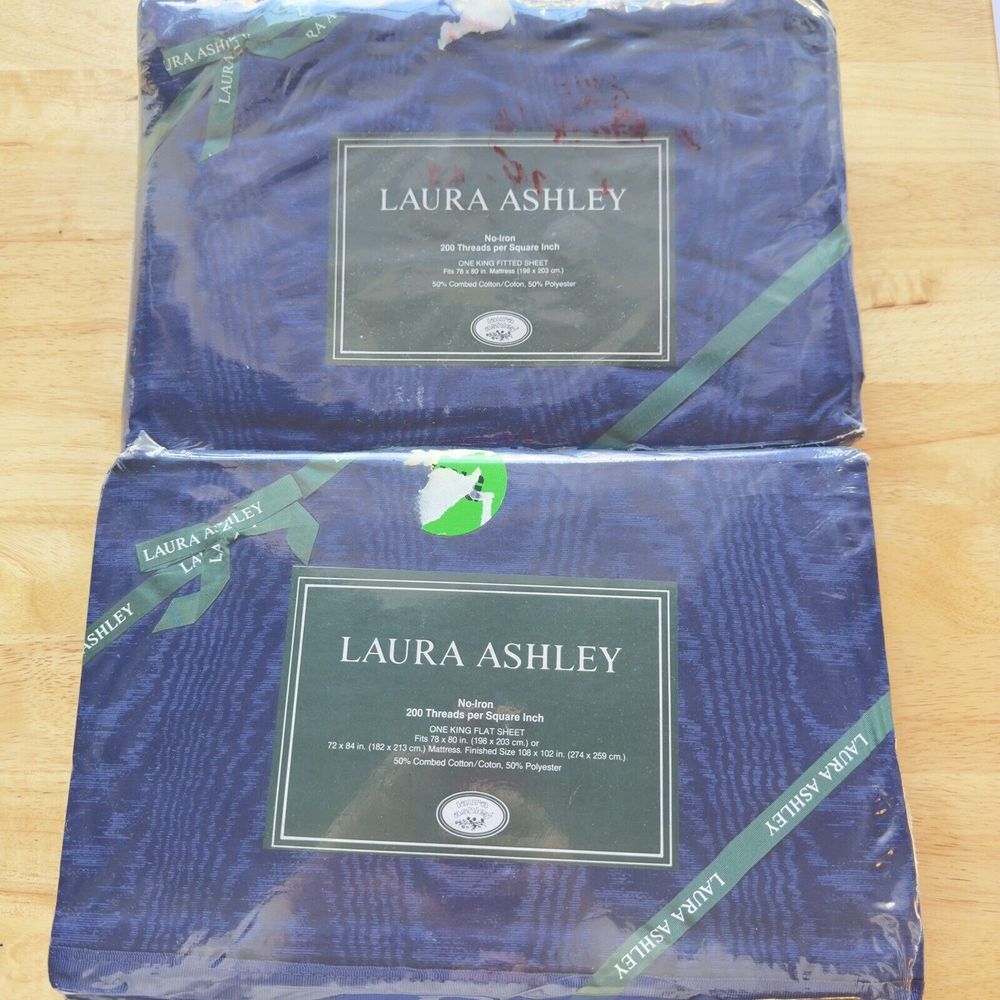 Laura Ashley Salon Navy Vintage Cotton No-Iron 1991 KING Sheets Flat Fitted NEW